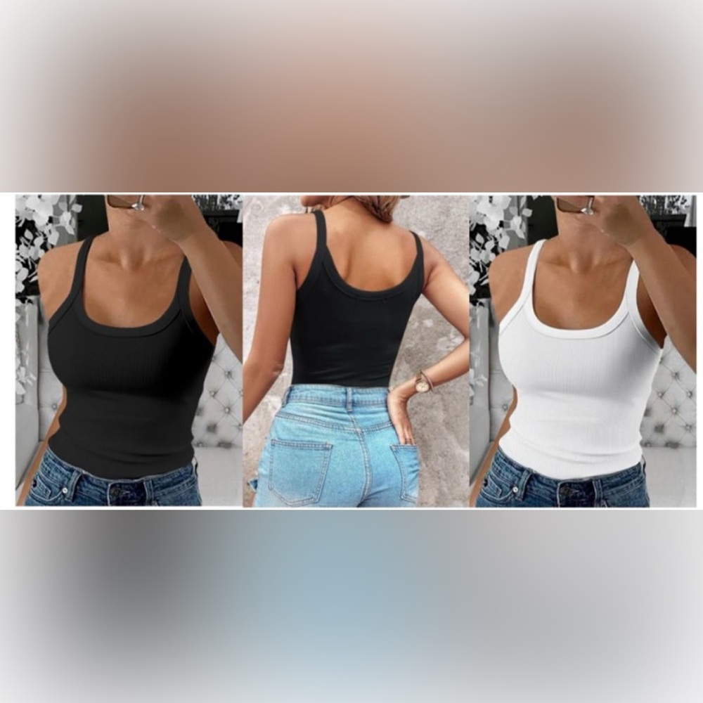 2 Classic Ribbed Scoop Neck Tank Tops - Black & White